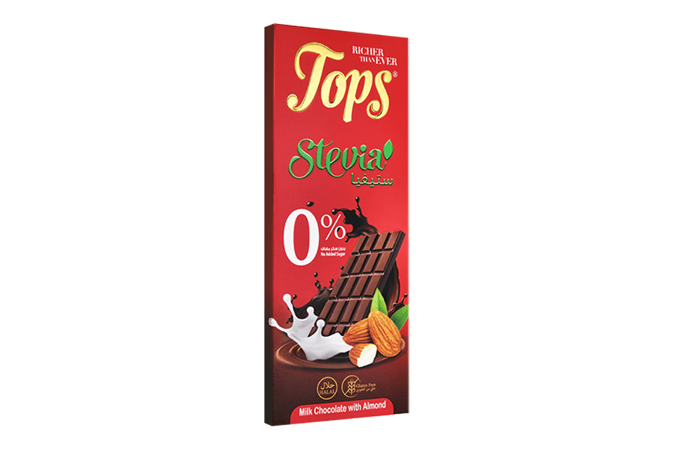 Tops Chocolate Bar Milk with Almonds Sugar - Free Stevia Pack 12 X 50g - 2kShopping