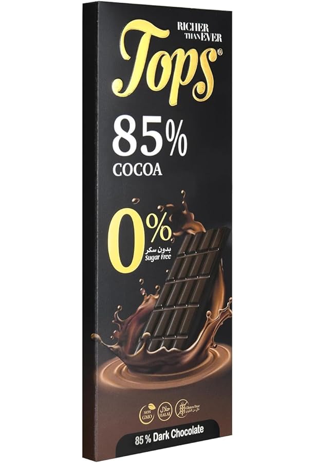 Tops Chocolate Bar Dark 85% Sugar - Free 50g | توبس شوكولا دارك ٨٥٪ بدون سكر - 2kShopping