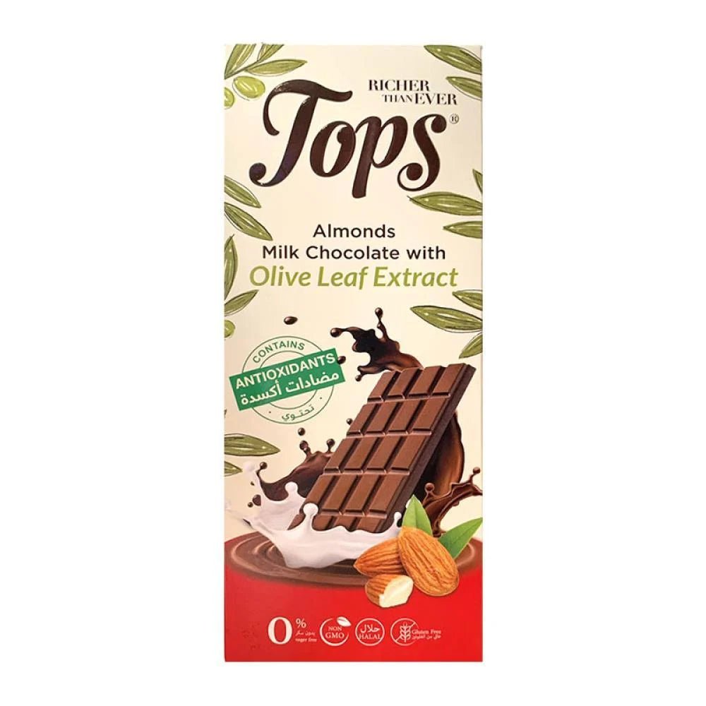 Tops Chocolate Bar Milk with Almonds Sugar - Free with Antioxidant 50g | توبس شوكولا بالحليب باللوز بدون سكر مع مضادات اكسدة - 2kShopping