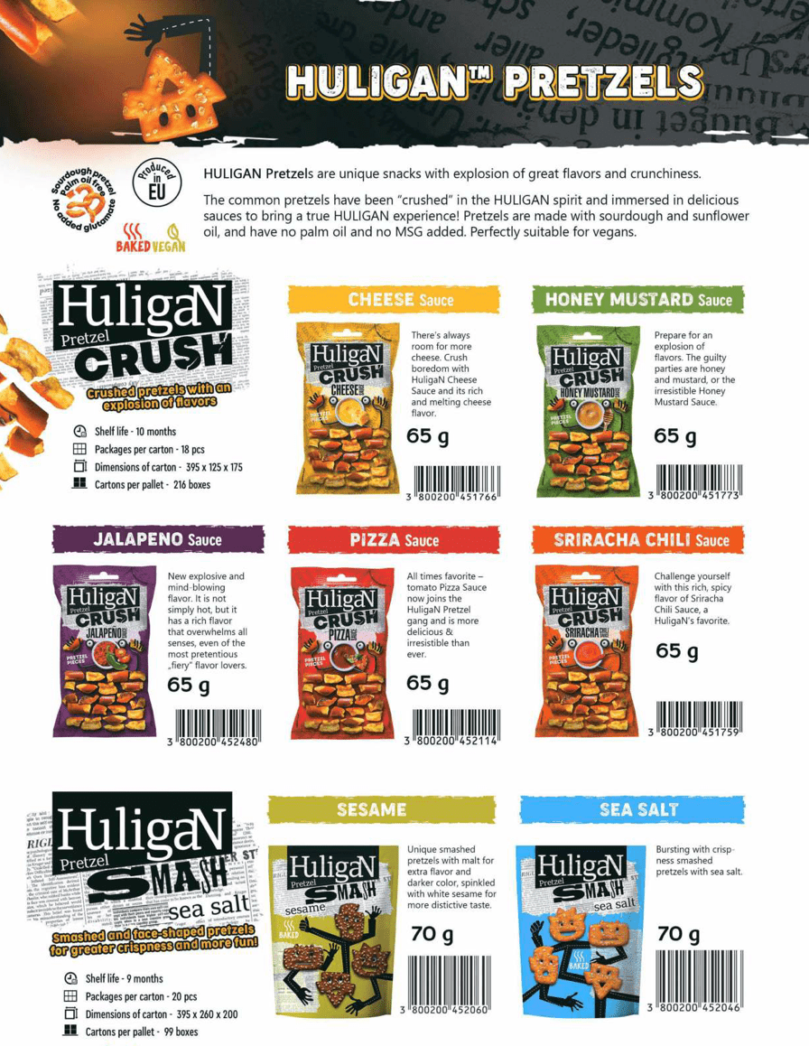 Huligan Pretzels Sriracha Chili Sauce 65g | مقرمشات بريتزل بنكهة الصوص الحار - 2kShopping