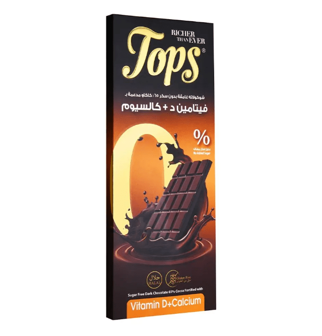 Tops Chocolate Bar Dark Sugar - Free with Vit D & Calcium 50g | توبس شوكولاتة داكنة خالية من السكر مع فيتامين د والكالسيوم - 2kShopping