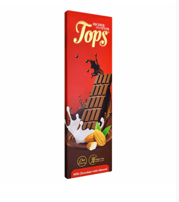 Tops Chocolate Bar Milk with Almonds Sugar - Free 50g | توبس شوكولاته الحليب باللوز بدون سكر - 2kShopping