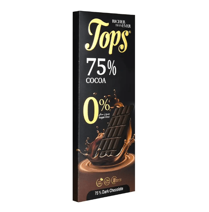 Tops Chocolate Bar Dark 75% Sugar - Free 50g | توبس شوكولا دارك ٧٥٪ بدون سكر - 2kShopping