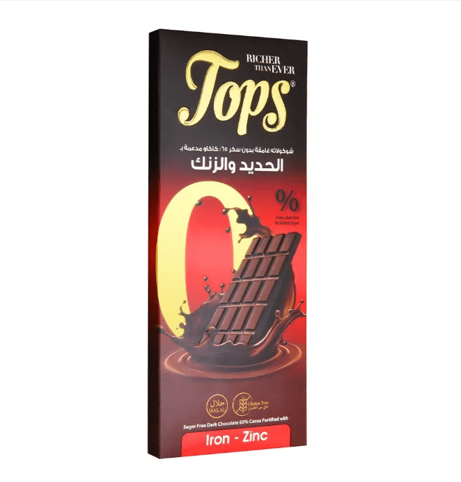 Tops Chocolate Bar Dark Sugar - Free with Iron & Zinc 50g | توبس شوكولاتة داكنة خالية من السكر مع الزنك والحديد - 2kShopping