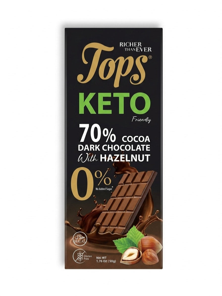 Tops 70% Cocoa Dark Chocolate with Hazelnut Keto Sugar Free 50g