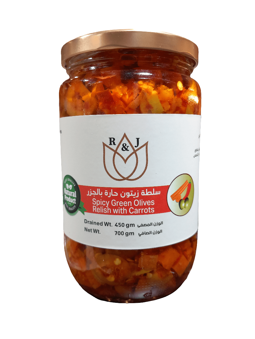 R&J Spicy Green Olives with Carrots 700g | آر آند جي سمطة زيتون حارة بالجزر - 2kShopping
