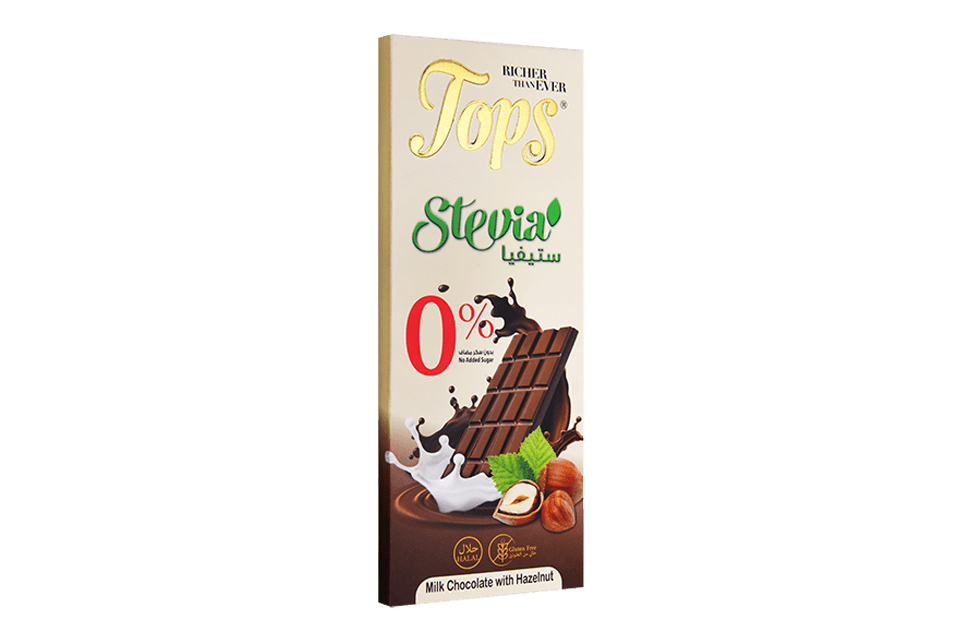 Tops Chocolate Bar Milk with Hazelnut Sugar - Free Stevia 50g | توبس شوكولاتة بالحليب مع ستيفيا خالية من السكر والبندق - 2kShopping