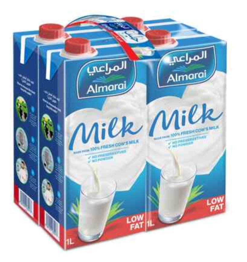 Almarai Long Life Low Fat Milk 1L Pack of 4 | حليب قليل الدسم المراعي طويل الأمد