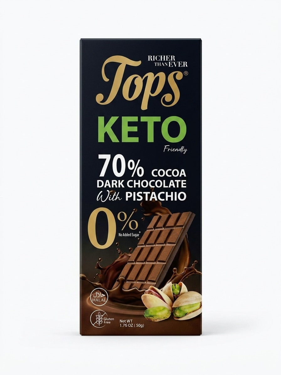 Tops 70% Cocoa Dark Chocolate with Pistachio Keto Sugar Free 50g