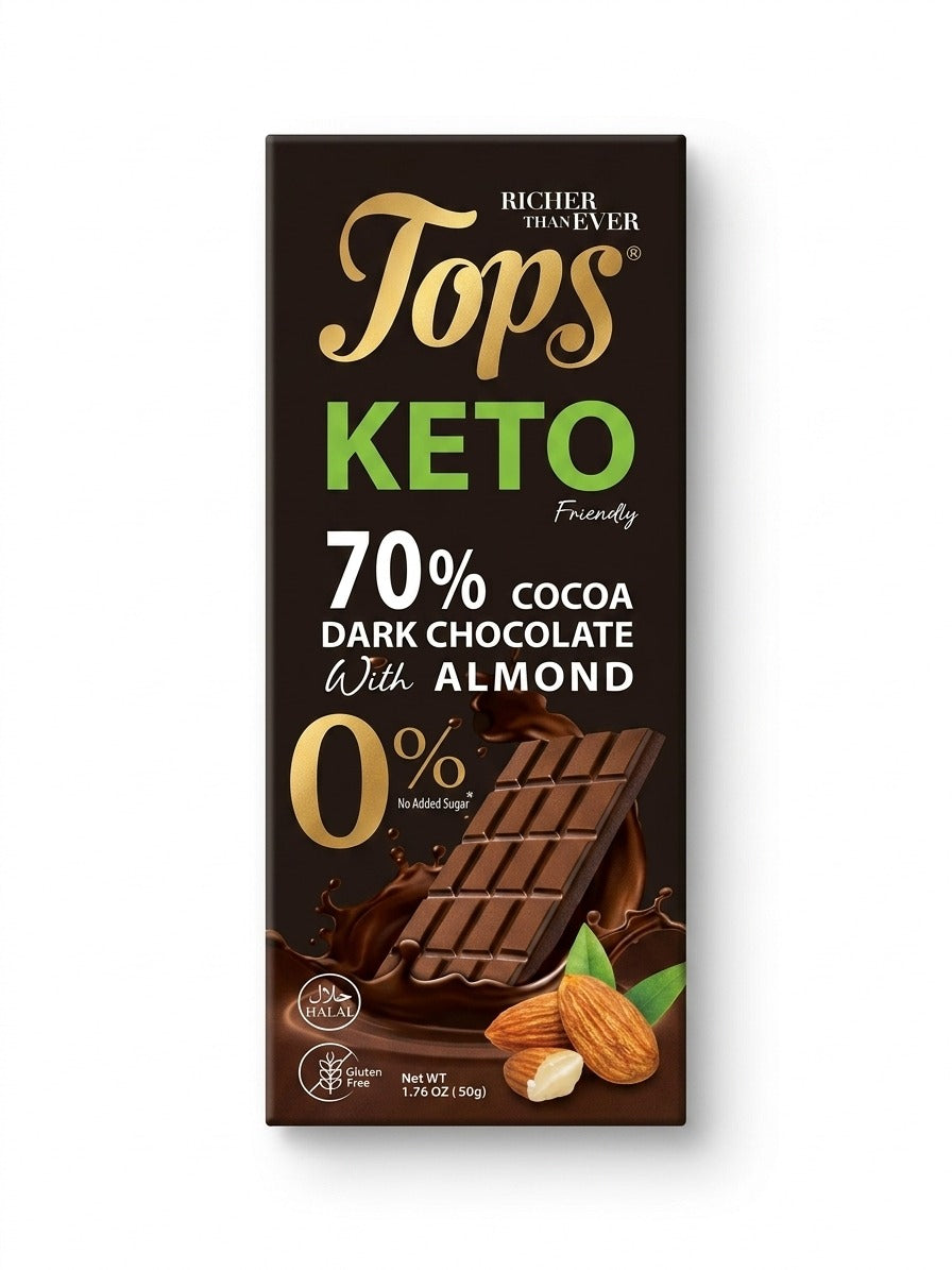 Tops 70% Cocoa Dark Chocolate with Almond Keto Sugar Free 50g