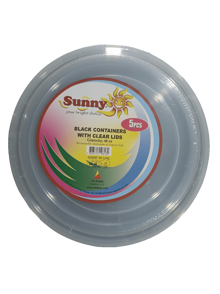 Sunny Round Black Containers with Lids 48oz 5pcs | علب بلاستيكية كبيرة مع غطاء - 2kShopping