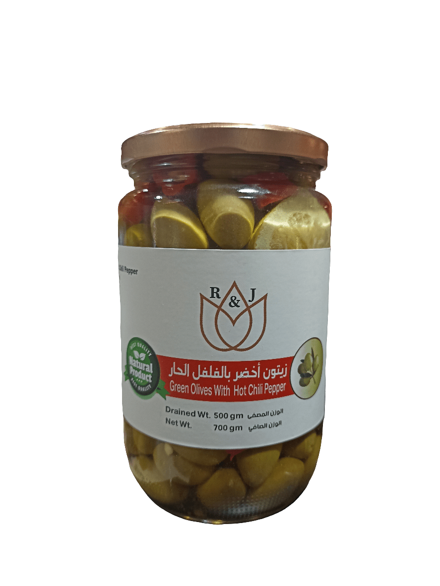 R&J Gourmet Green Olives with Chili Paste 700g | آر آند جي زيتون اخضر بالفلفل الحار - 2kShopping