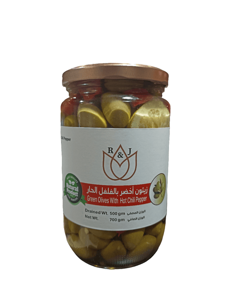 R&J Gourmet Green Olives with Chili Paste 700g | آر آند جي زيتون اخضر بالفلفل الحار - 2kShopping
