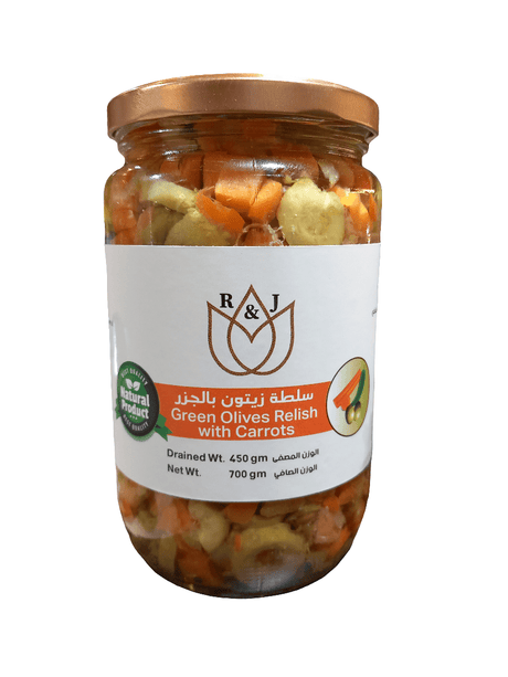 R&J Green Olive Relish with Carrots 700g | آر آند جي سلطة زيتون بالجزر - 2kShopping