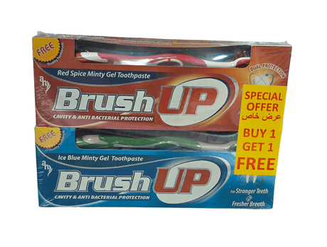 Brush Up Whitening Toothpaste Red Spice & Ice Blue Minty Gel 2x150g Offer Pack Free Toothbrush - 2kShopping
