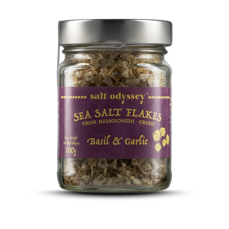Sea Salt Flakes with Basil & Garlic - From Messolonghi 100g | رقائق ملح البحر مع الريحان والثوم - من ميسولونغي - 2kShopping