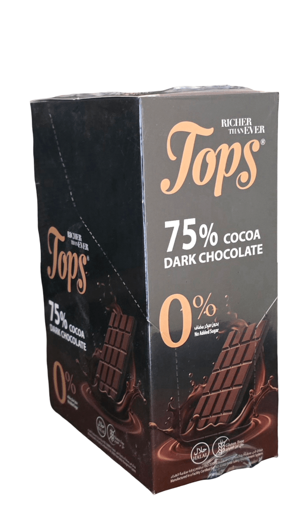 Tops Chocolate Bar Dark 75% Sugar - Free Pack 12 X 50g | بوكس توبس شوكولا دارك ٧٥٪ بدون سكر - 2kShopping