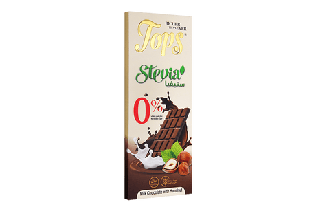 Tops Chocolate Bar Milk with Hazelnut Sugar - Free Stevia 50g | توبس شوكولاتة بالحليب مع ستيفيا خالية من السكر والبندق - 2kShopping